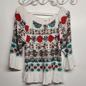 Kaktus Vibrant Patterned Blouse in Red, Orange, Teal, & Brown BOHO HIPPIE PRETTY